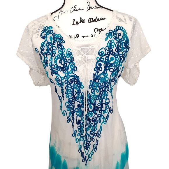 Vintage 90s Tie Dye Midi Dress Handkerchief Hem Embroidered Resort Wear 3X NWT - Picture 2 of 13